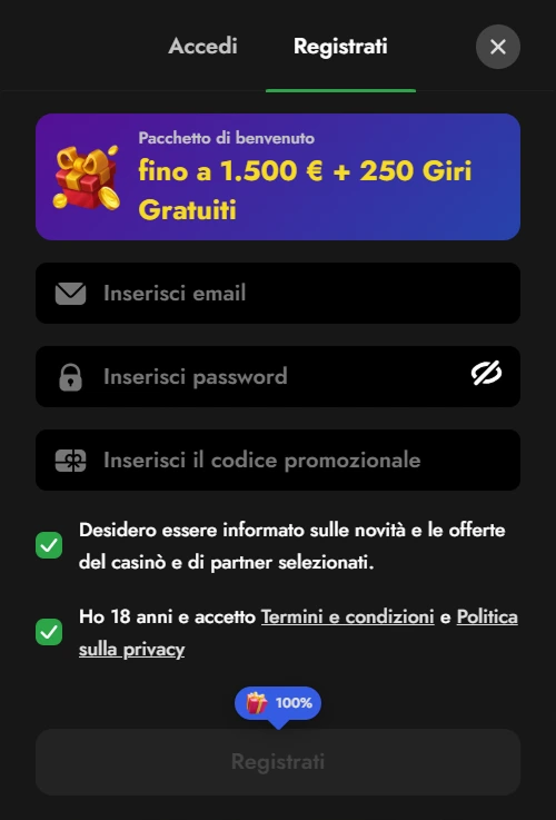 Modulo di registrazione Oscarspin Casino con opzione per codice promozionale